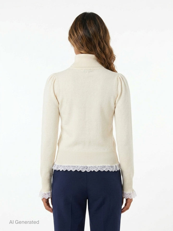 Ganni ivory merino wool turtleneck with puff sleeves, fluted lace-trimmed cuffs, and white lace frill hem detail, product flat lay on white background - back