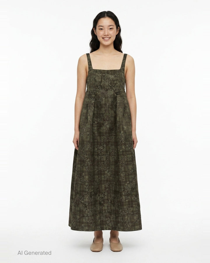 Ganni Printed Duchesse Satin Corset Dress in dark olive green plaid floral jacquard, featuring a square neckline, structured bodice, and full pleated A-line midi skirt - front