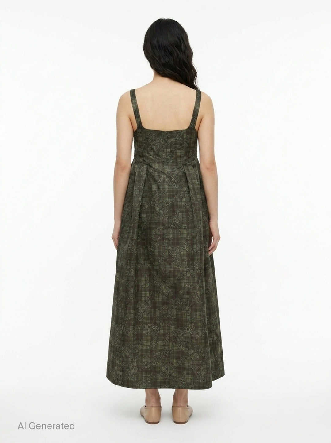 Ganni Printed Duchesse Satin Corset Dress in dark olive green plaid floral jacquard, featuring a square neckline, structured bodice, and full pleated A-line midi skirt - back