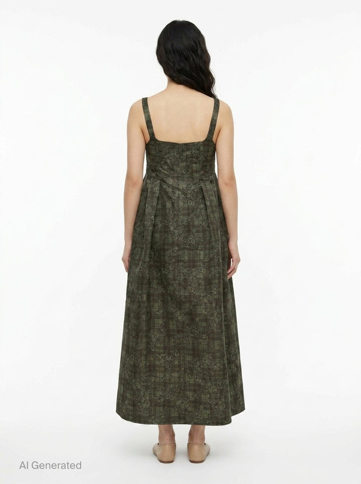 Ganni Printed Duchesse Satin Corset Dress in dark olive green plaid floral jacquard, featuring a square neckline, structured bodice, and full pleated A-line midi skirt - back