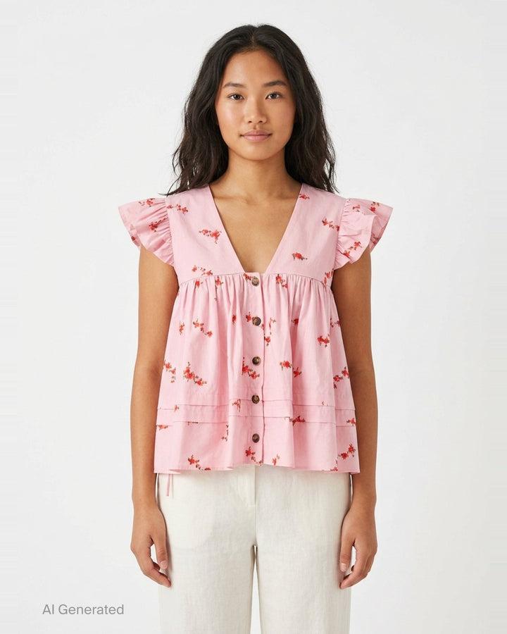 Printed Stretch Cotton Angel Top | Ganni | Club21 - front
