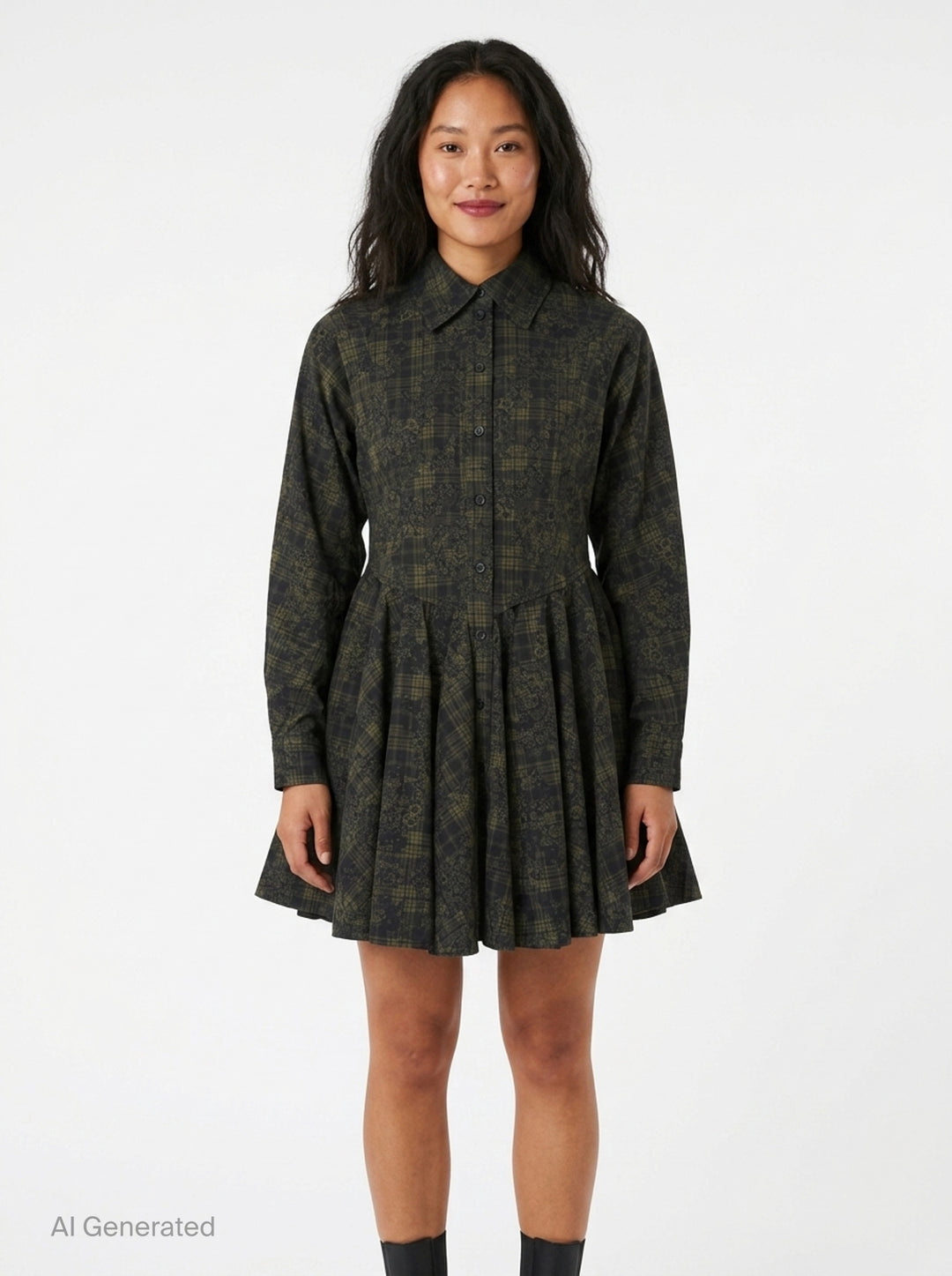 Ganni Printed Stretch Cotton Peplum Dress in dark green floral tartan, featuring a point collar, button-through front, and voluminous gathered skirt with ruffle hem - front