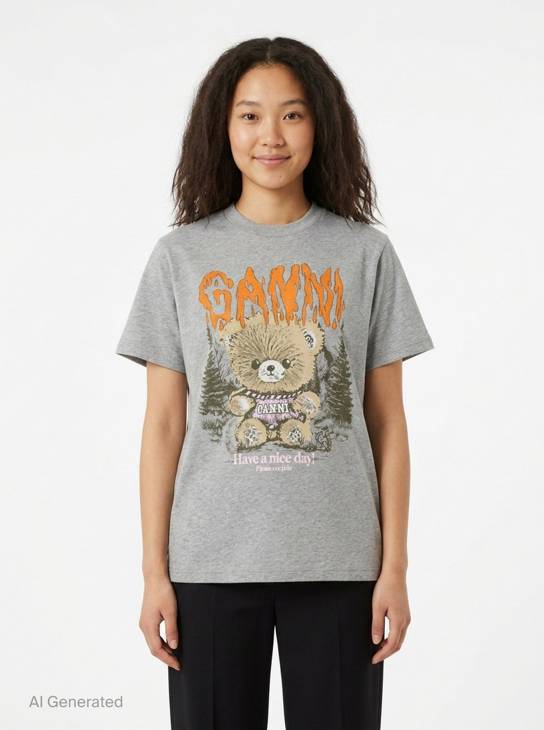 Ganni relaxed graphic cotton tee in heathered grey with orange flame-style Ganni logo, illustrated teddy bear holding a Ganni sign, pine forest motif, and 'Have a nice day! Please recycle' text on the front - front