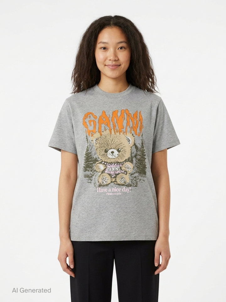 Ganni relaxed graphic cotton tee in heathered grey with orange flame-style Ganni logo, illustrated teddy bear holding a Ganni sign, pine forest motif, and 'Have a nice day! Please recycle' text on the front - front