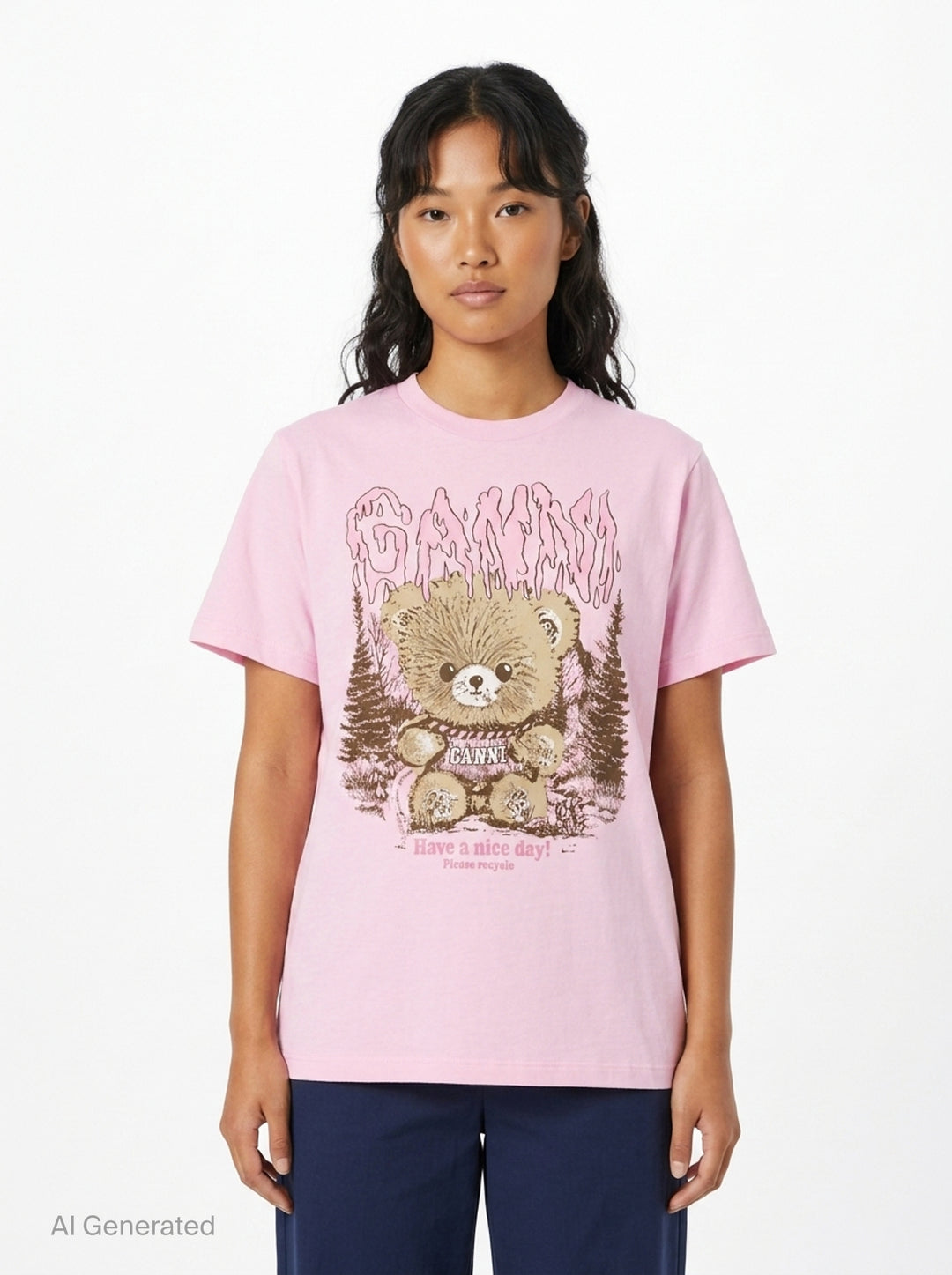 Ganni pink relaxed cotton t-shirt with gothic logo lettering and fluffy teddy bear woodland graphic print and 'Have a nice day! Please recycle' slogan - front