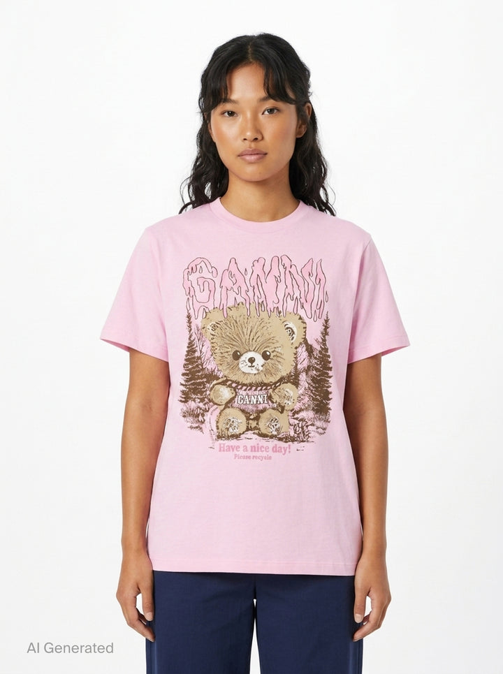 Ganni pink relaxed cotton t-shirt with gothic logo lettering and fluffy teddy bear woodland graphic print and 'Have a nice day! Please recycle' slogan - front