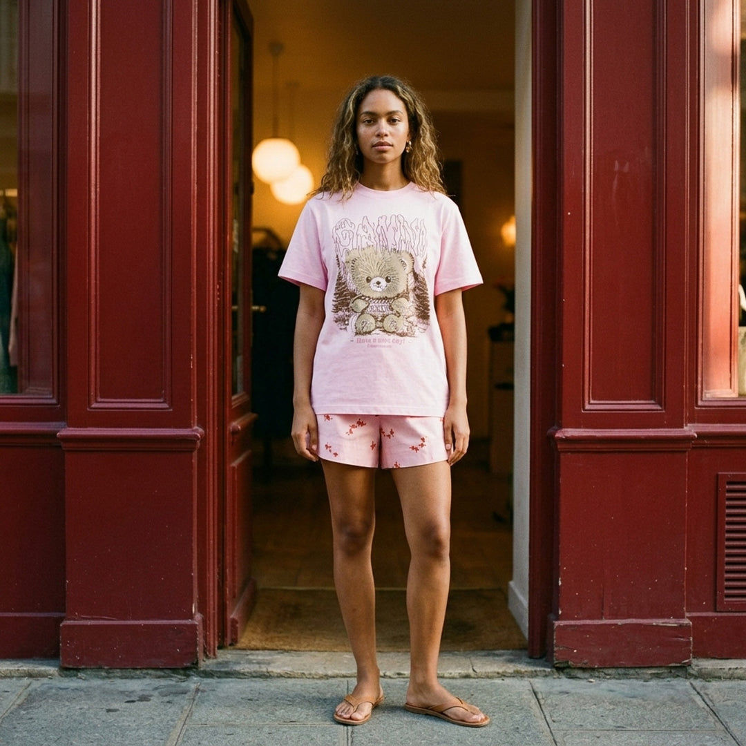 Ganni pink relaxed cotton t-shirt with gothic logo lettering and fluffy teddy bear woodland graphic print and 'Have a nice day! Please recycle' slogan - lifestyle