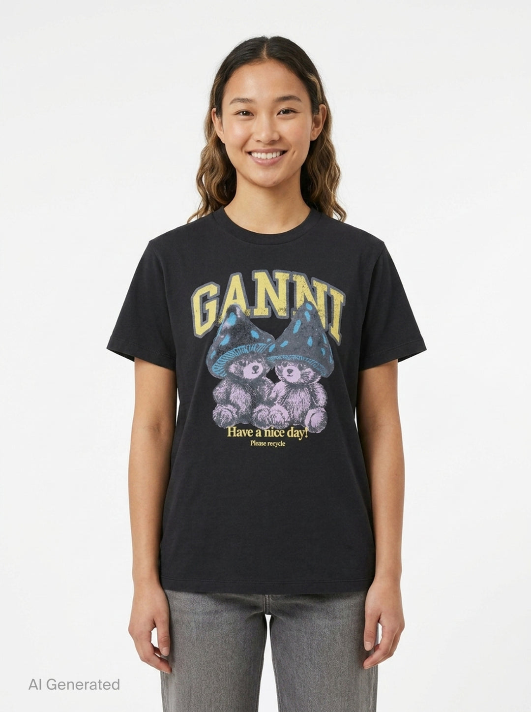 Ganni washed black relaxed cotton tee with distressed collegiate 'GANNI' lettering and a twin teddy bear mushroom graphic print reading 'Have a nice day! Please recycle' - front