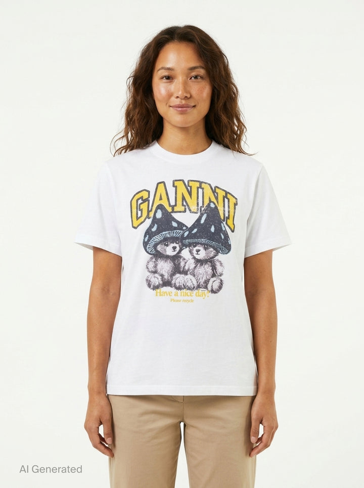 Ganni white relaxed cotton t-shirt with collegiate 'Ganni' lettering above a distressed graphic of two fuzzy bears wearing mushroom caps, with 'Have a nice day! Please recycle' text beneath - front