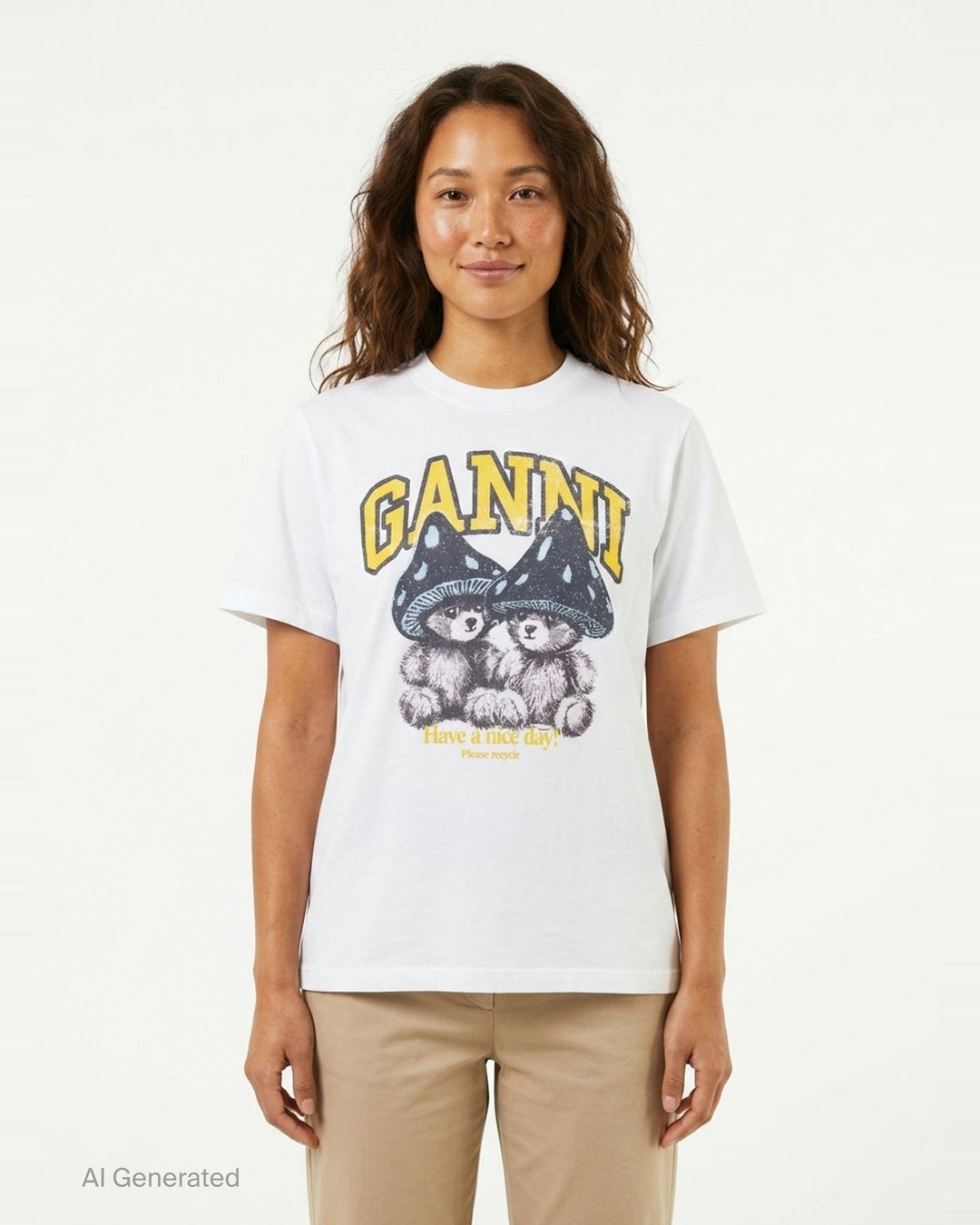 Ganni white relaxed cotton t-shirt with collegiate 'Ganni' lettering above a distressed graphic of two fuzzy bears wearing mushroom caps, with 'Have a nice day! Please recycle' text beneath - front