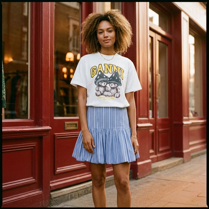 Ganni white relaxed cotton t-shirt with collegiate 'Ganni' lettering above a distressed graphic of two fuzzy bears wearing mushroom caps, with 'Have a nice day! Please recycle' text beneath - lifestyle