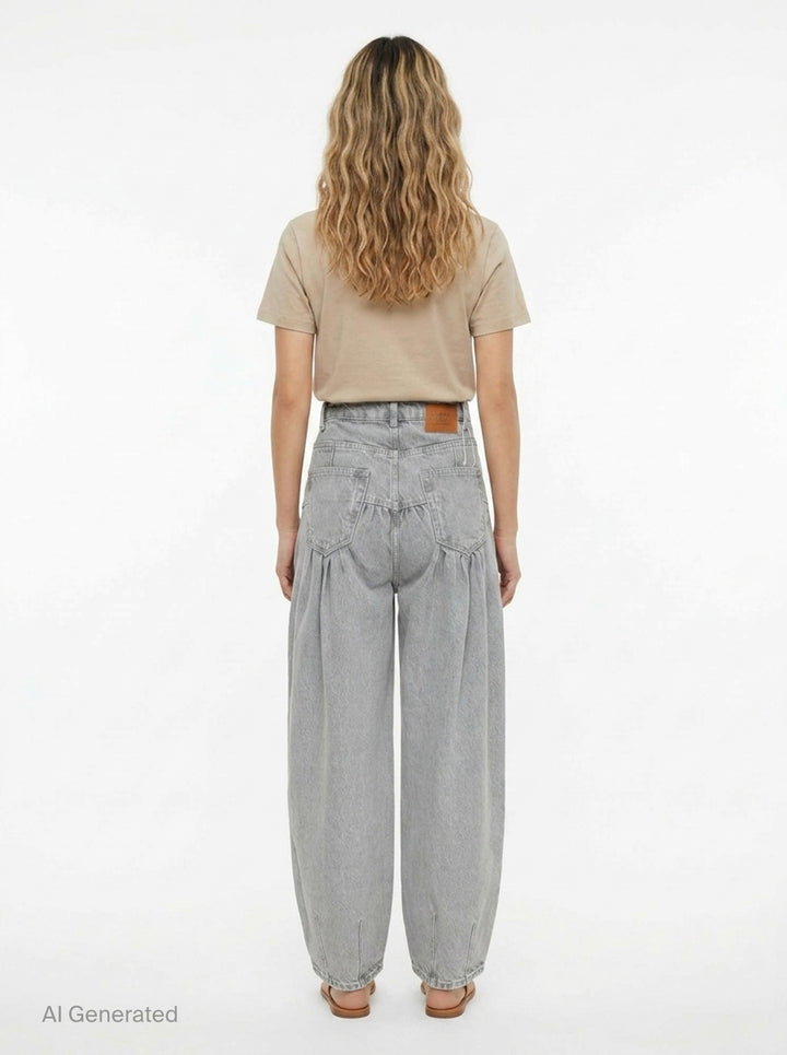 Ganni Rigid Denim Corset Jeans in light grey, featuring a high-rise waist, ruched corset seaming at the hip, and a wide balloon-leg silhouette tapering to small hem vents — front view on white background - back