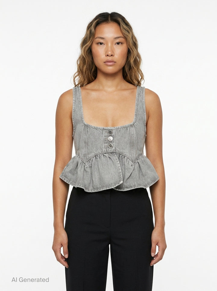 Ganni Rigid Denim Flounce Top in light grey wash, featuring a structured seamed bodice, three branded silver snap buttons at the centre front, wide shoulder straps, scoop neckline, and a gathered peplum ruffle hem - front