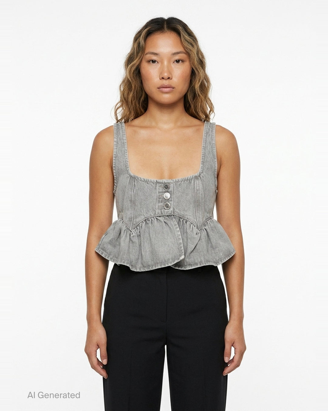Ganni Rigid Denim Flounce Top in light grey wash, featuring a structured seamed bodice, three branded silver snap buttons at the centre front, wide shoulder straps, scoop neckline, and a gathered peplum ruffle hem - front