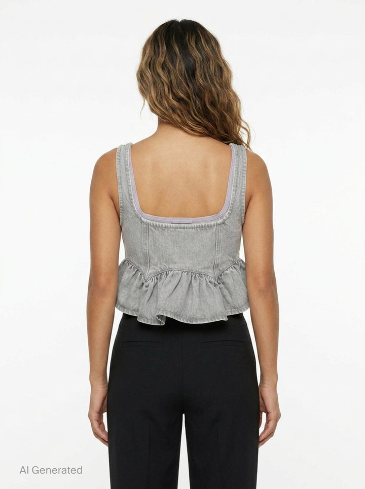Ganni Rigid Denim Flounce Top in light grey wash, featuring a structured seamed bodice, three branded silver snap buttons at the centre front, wide shoulder straps, scoop neckline, and a gathered peplum ruffle hem - back