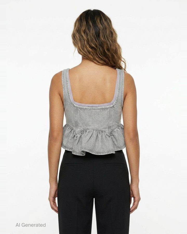Ganni Rigid Denim Flounce Top in light grey wash, featuring a structured seamed bodice, three branded silver snap buttons at the centre front, wide shoulder straps, scoop neckline, and a gathered peplum ruffle hem - back