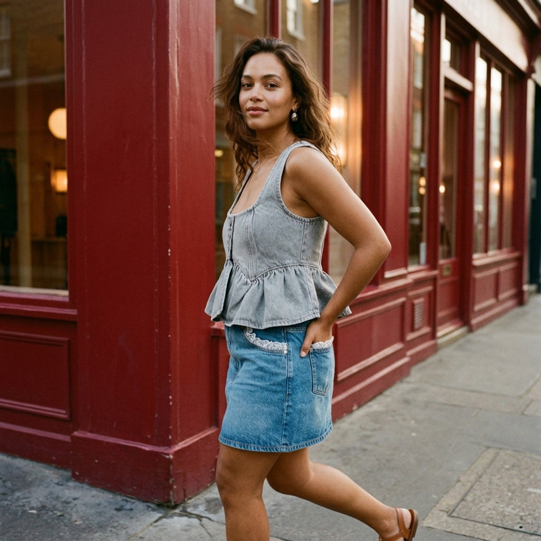 Ganni Rigid Denim Flounce Top in light grey wash, featuring a structured seamed bodice, three branded silver snap buttons at the centre front, wide shoulder straps, scoop neckline, and a gathered peplum ruffle hem - lifestyle