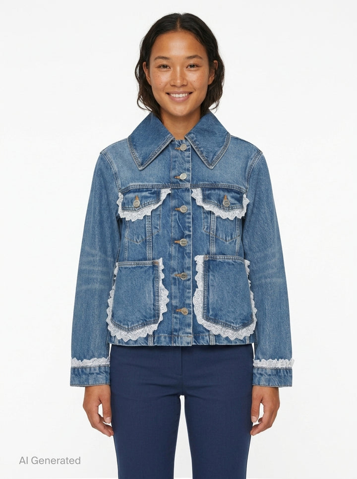 Rigid Denim Lace Jacket | Ganni | Club21 - front