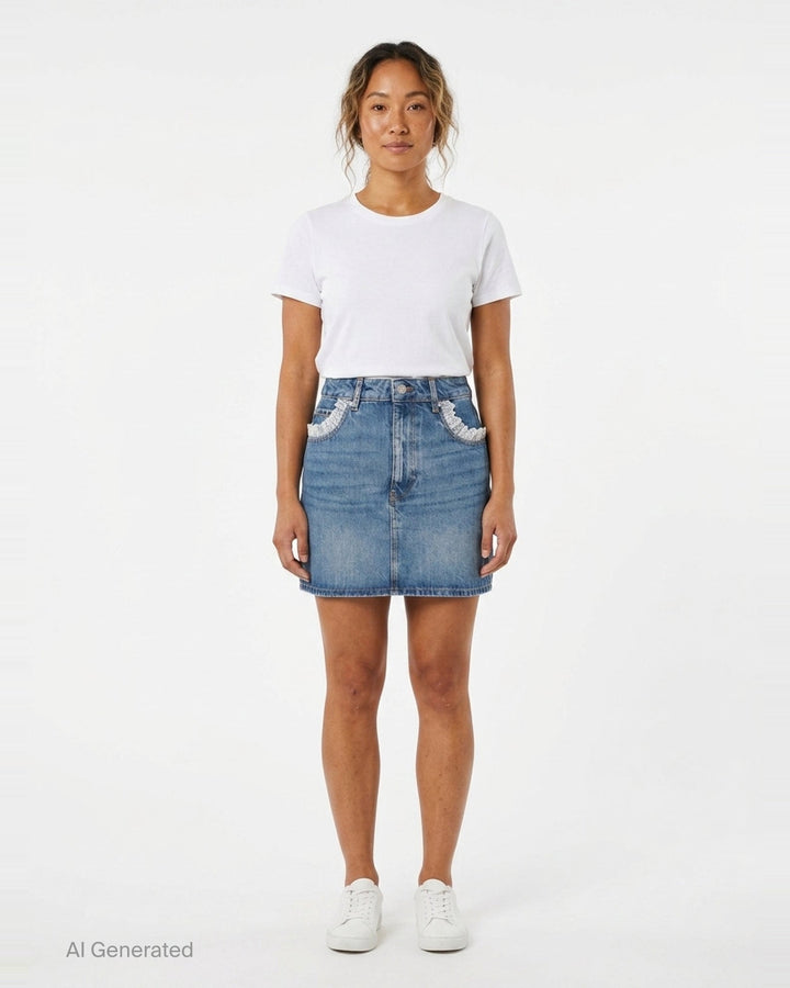 Rigid Denim Lace Mini Skirt | Ganni | Club21 - front