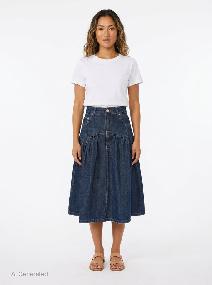 Ganni Slub Mix Denim Midi Skirt in washed indigo, featuring a high waistband, gathered tier seam, front patch pockets with gold rivets, and a full A-line silhouette with contrast orange topstitching - front