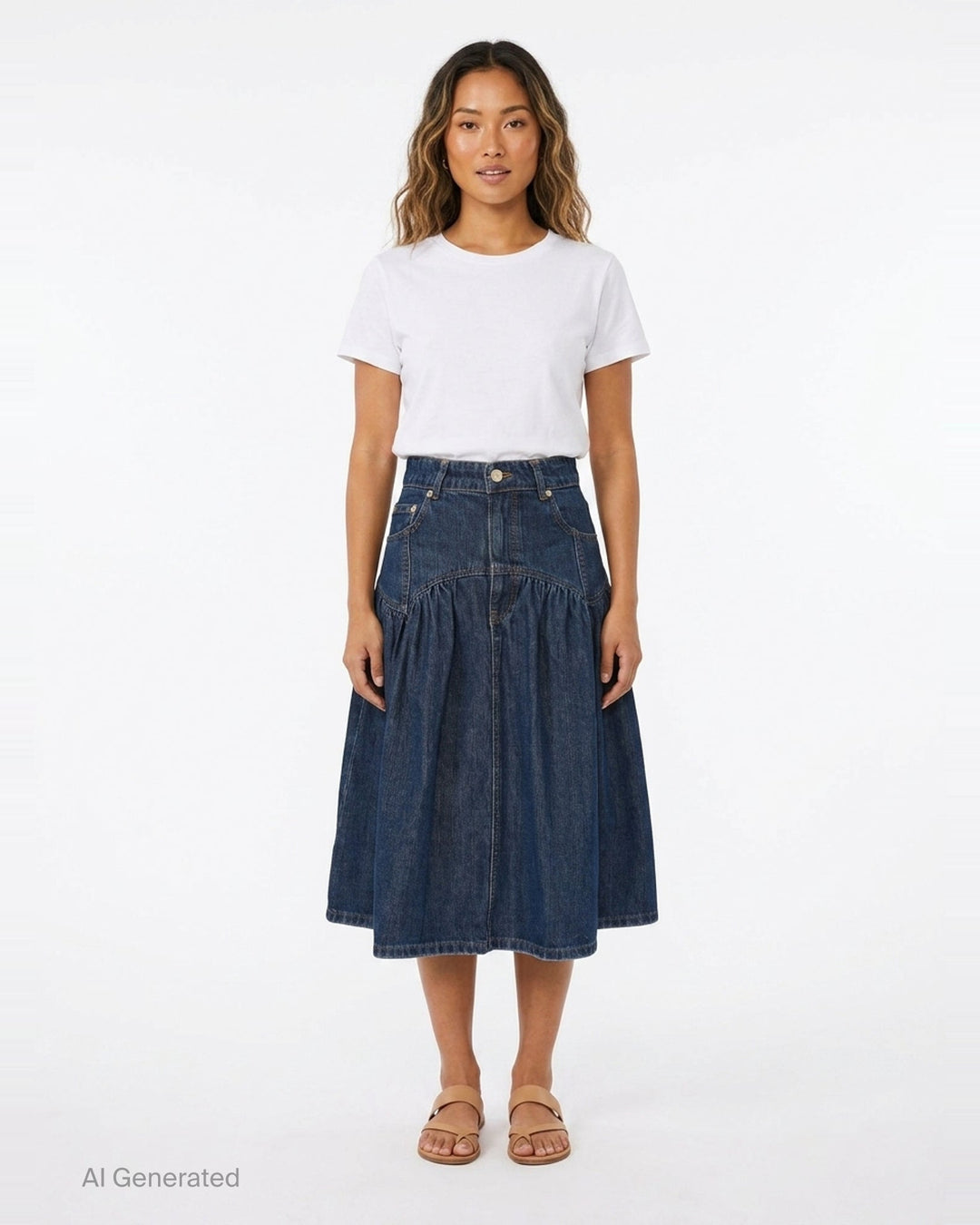 Ganni Slub Mix Denim Midi Skirt in washed indigo, featuring a high waistband, gathered tier seam, front patch pockets with gold rivets, and a full A-line silhouette with contrast orange topstitching - front