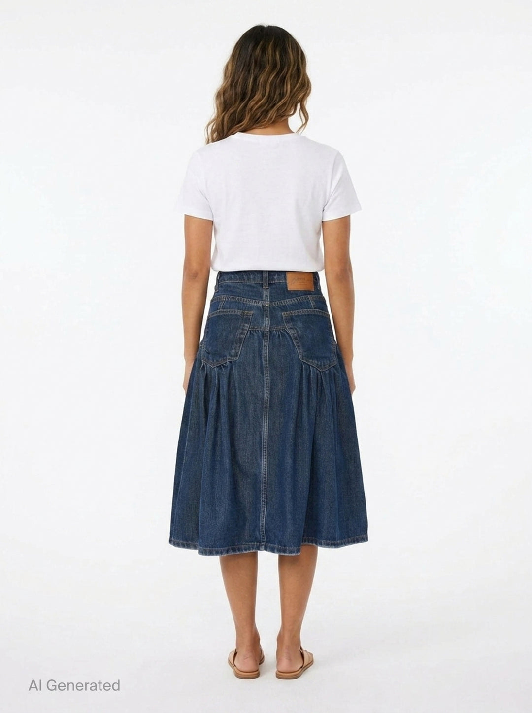 Ganni Slub Mix Denim Midi Skirt in washed indigo, featuring a high waistband, gathered tier seam, front patch pockets with gold rivets, and a full A-line silhouette with contrast orange topstitching - back