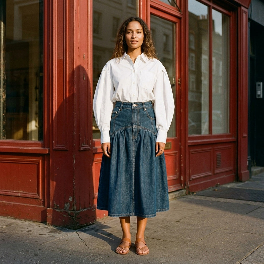 Ganni Slub Mix Denim Midi Skirt in washed indigo, featuring a high waistband, gathered tier seam, front patch pockets with gold rivets, and a full A-line silhouette with contrast orange topstitching - lifestyle