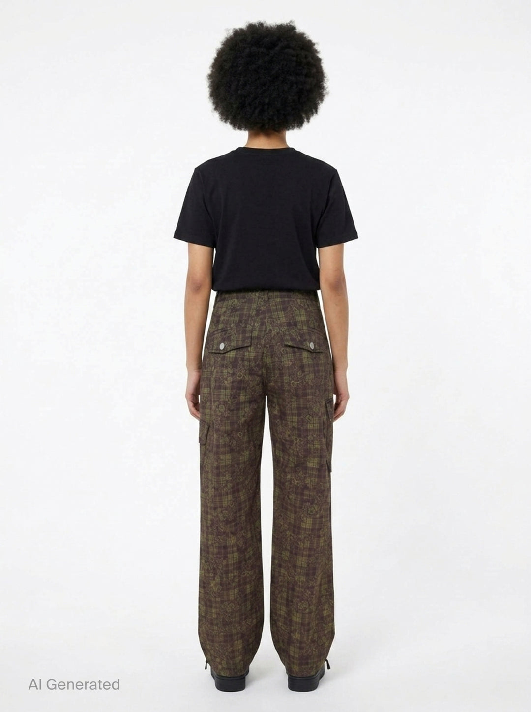 Ganni Stretch Cotton Cargo Pants in olive and burgundy mixed tartan and floral paisley print with cargo patch pockets and drawstring ankles, flat lay front view - back