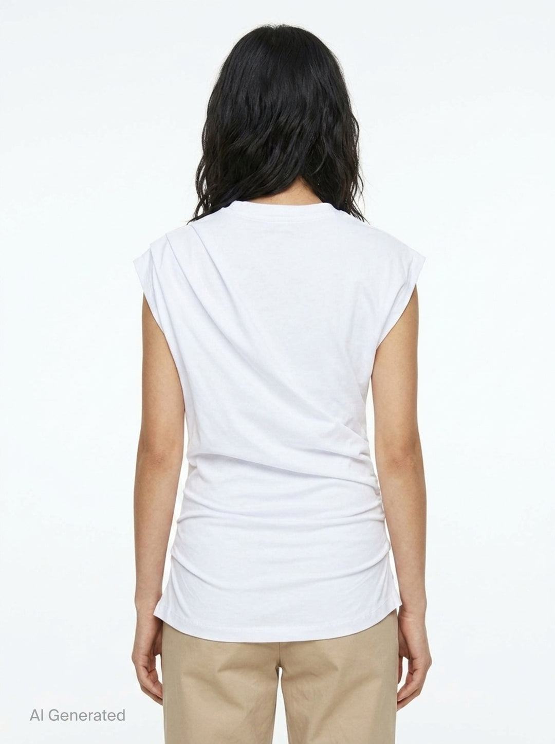 Ganni Stretch Heavy Jersey Draped Blouse in heather grey marl, featuring an asymmetric shoulder drape, mock neckline, cap sleeves, and gathered ruching at the hem - back