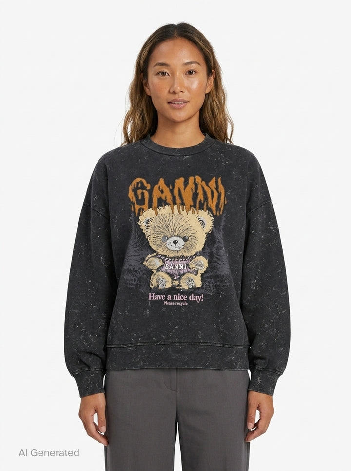 Ganni Teddy Forest Crewneck Sweatshirt in acid-washed black with dripping orange Ganni lettering and teddy bear mascot graphic on the front - front