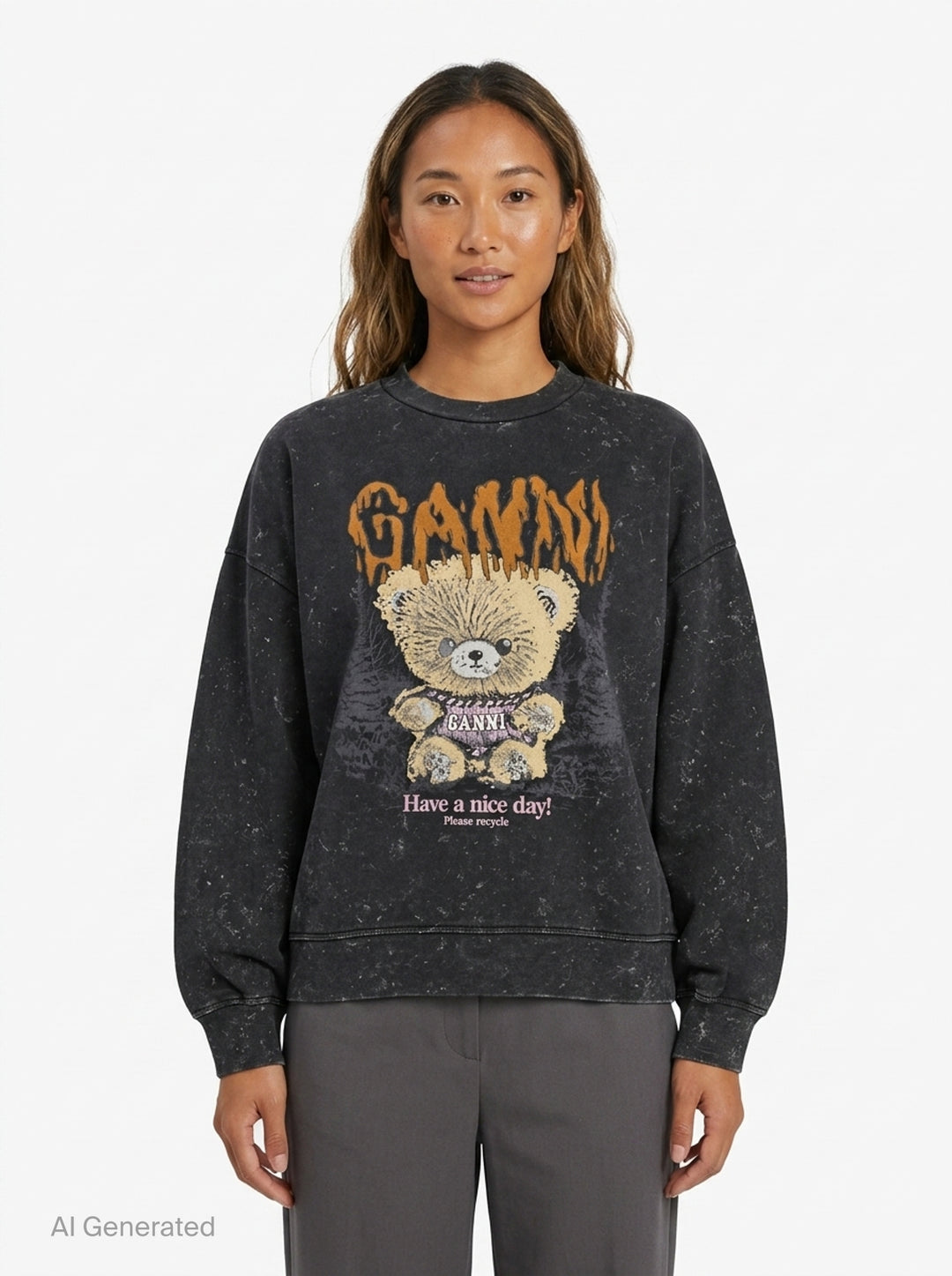 Ganni Teddy Forest Crewneck Sweatshirt in acid-washed black with dripping orange Ganni lettering and teddy bear mascot graphic on the front - front
