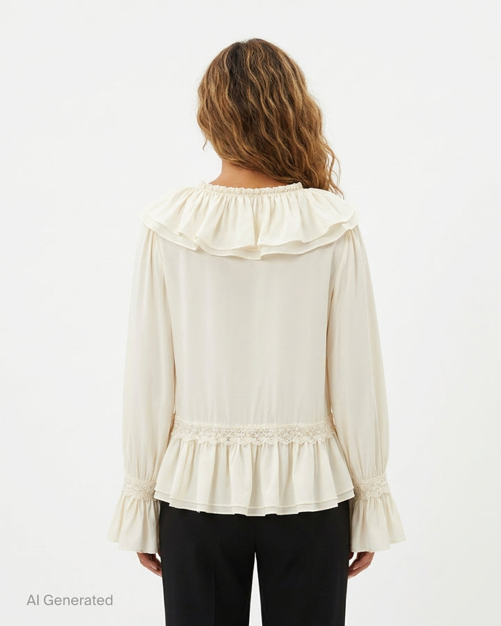 GANNI cream viscose silk habotai frill blouse with ruffled V-neckline, lace trims, peplum hem and flounced cuffs - back