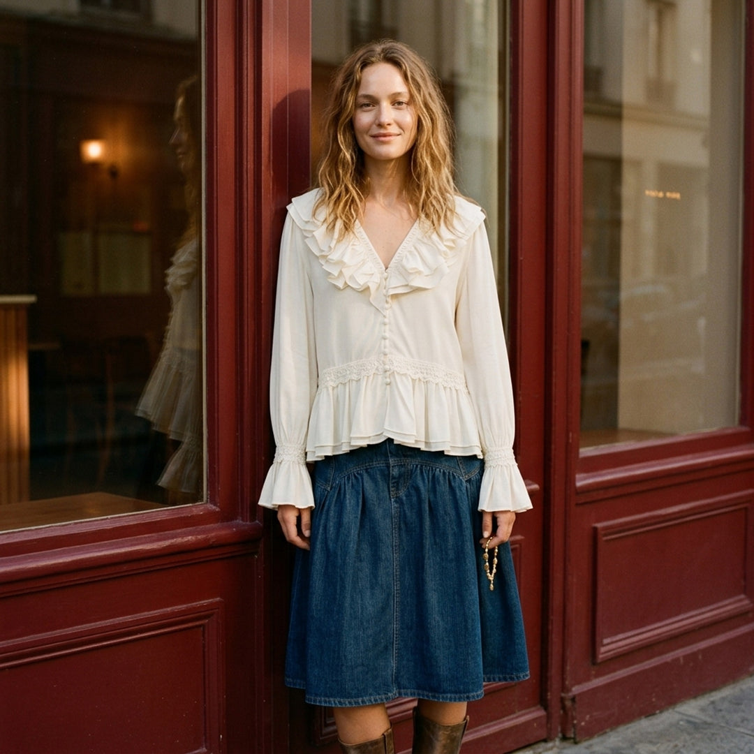GANNI cream viscose silk habotai frill blouse with ruffled V-neckline, lace trims, peplum hem and flounced cuffs - lifestyle