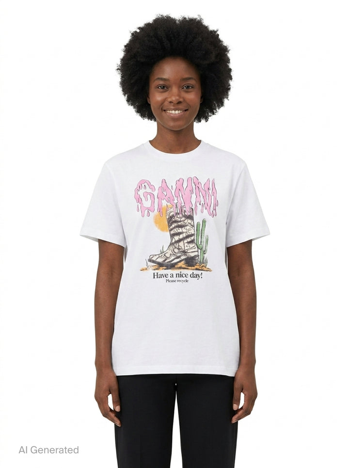 Western Zebra Boot Graphic Tee | Ganni | Club21 - front