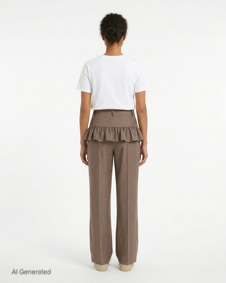 Brown wool melange high-waisted trousers with a ruffled peplum waist and flared leg by Ganni - back