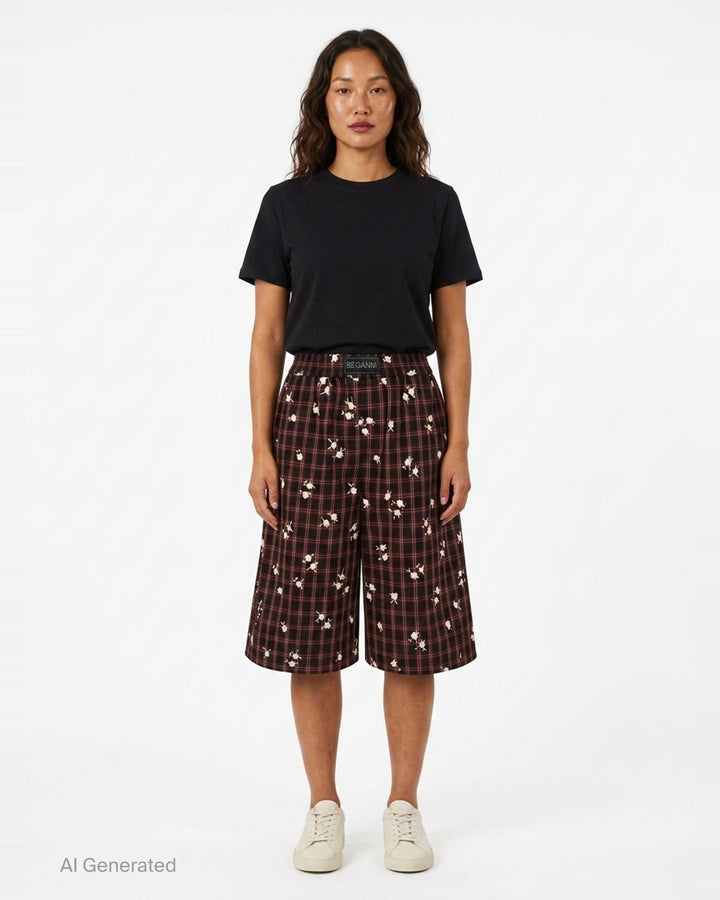Yarn Dyed Check Flower Shorts | Ganni | Club21 - front