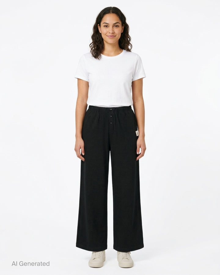 Glowny Button Fly Wide Leg Pants in black, featuring an elasticated waistband, three-button fly placket, wide-leg silhouette, and woven brand label tab at the hip - front