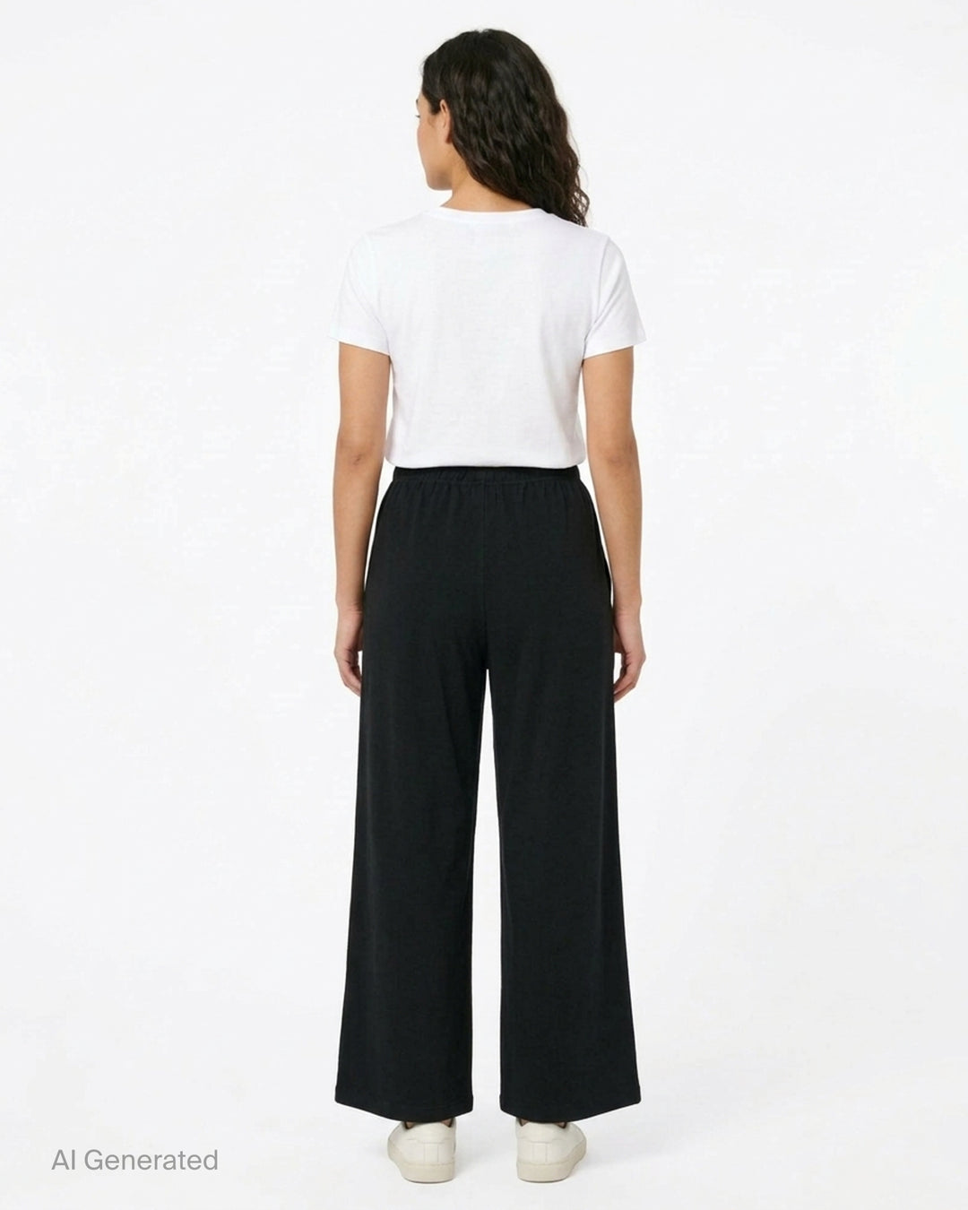 Glowny Button Fly Wide Leg Pants in black, featuring an elasticated waistband, three-button fly placket, wide-leg silhouette, and woven brand label tab at the hip - back