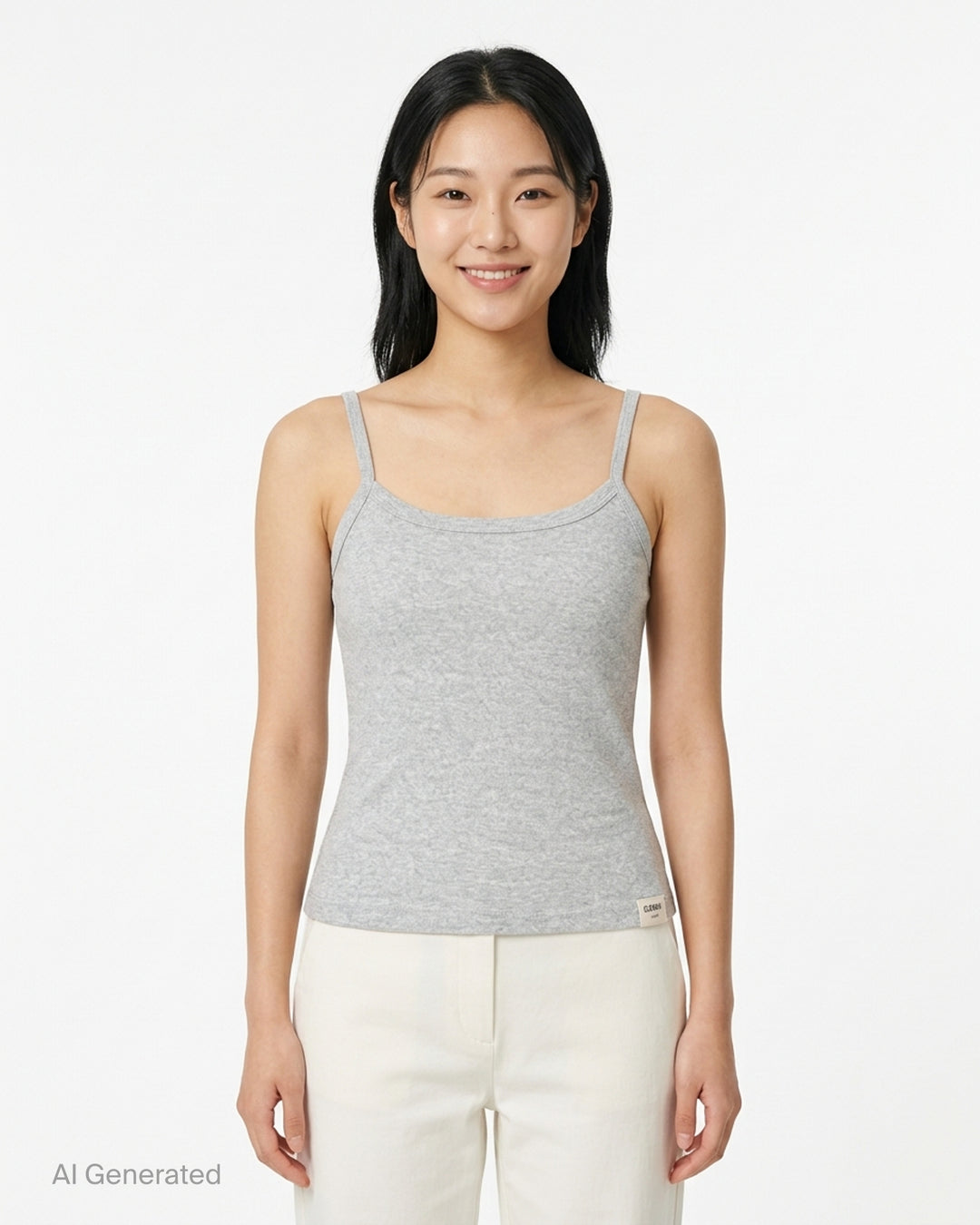 Glowny Classic Camisole in black — fine ribbed fabric, square neckline, thin straps, and woven brand label at the hem, shown on a flat lay against a white background - front