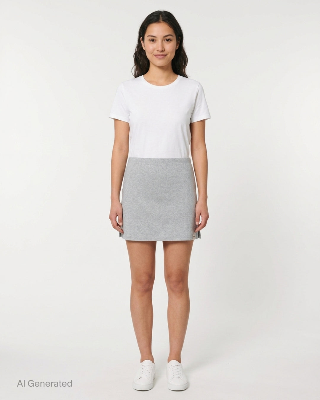 Glowny Classic Mini Skirt in dark espresso brown jersey with a low-rise waistband, A-line silhouette, and woven Glowny label at the hem - front