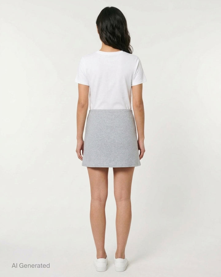 Glowny Classic Mini Skirt in dark espresso brown jersey with a low-rise waistband, A-line silhouette, and woven Glowny label at the hem - back