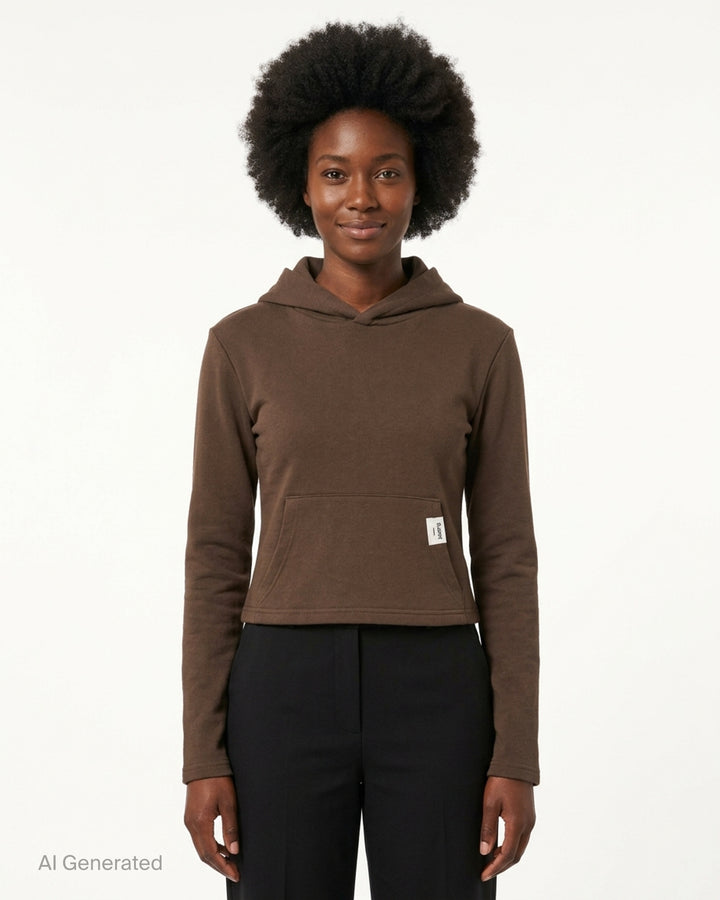 Glowny Comfort Cropped Hoodie in chocolate brown, featuring a fitted silhouette, draped hood, kangaroo pocket with woven brand patch, and long slim sleeves - front