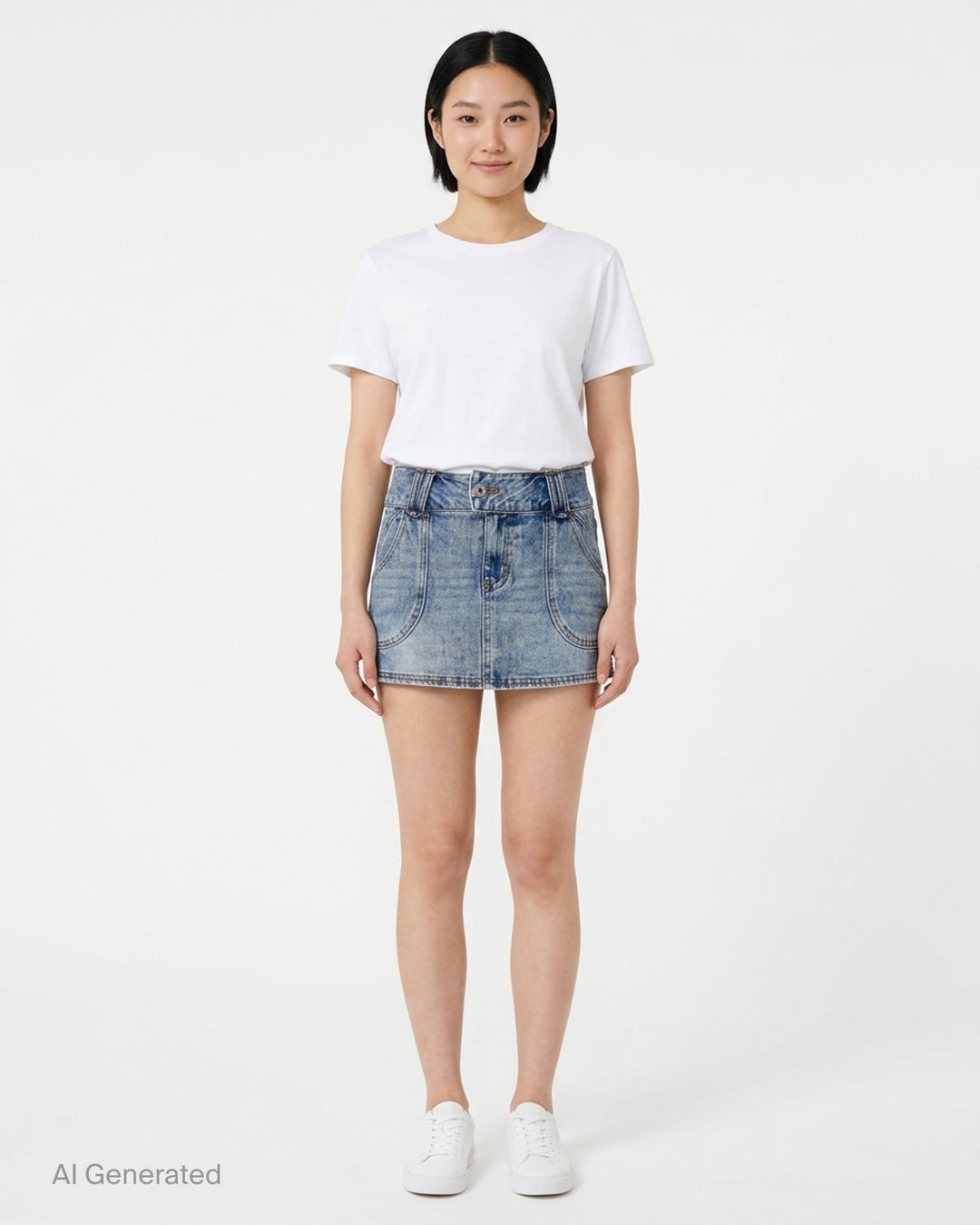 Glowny Curvy Denim Mini Skirt in acid-washed blue denim with belt loops, curved patch pockets and a metal button closure - front