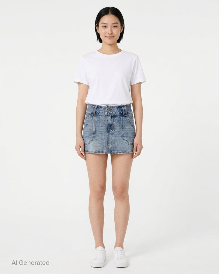 Glowny Curvy Denim Mini Skirt in acid-washed blue denim with belt loops, curved patch pockets and a metal button closure - front