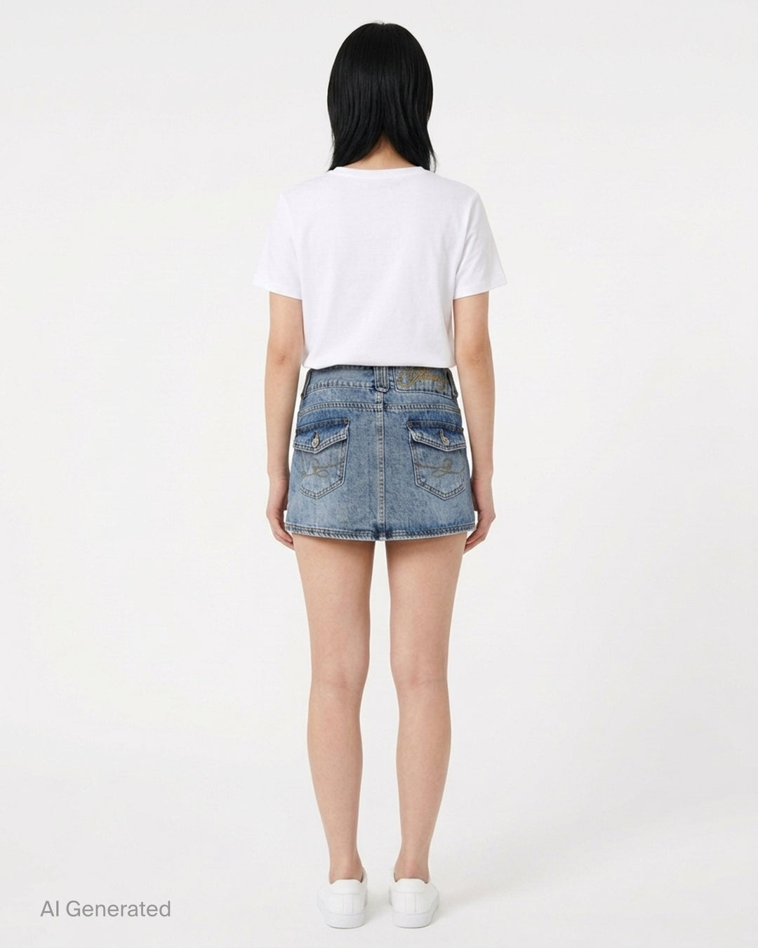 Glowny Curvy Denim Mini Skirt in acid-washed blue denim with belt loops, curved patch pockets and a metal button closure - back