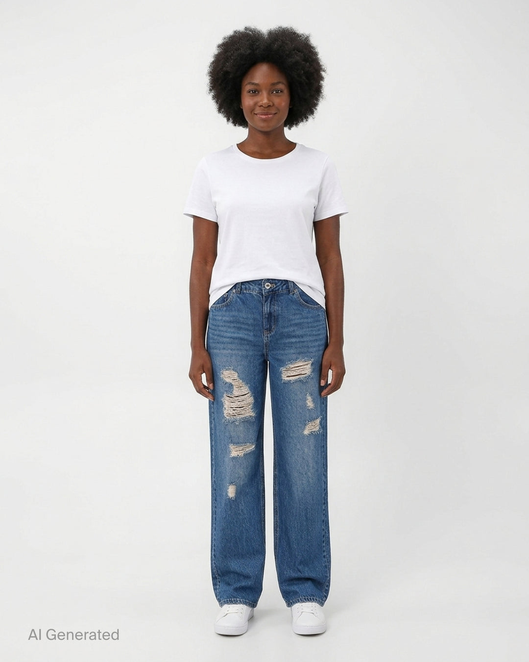 Glowny mid-blue distressed straight-leg jeans with frayed rips across the thighs and knees, shown front view - front