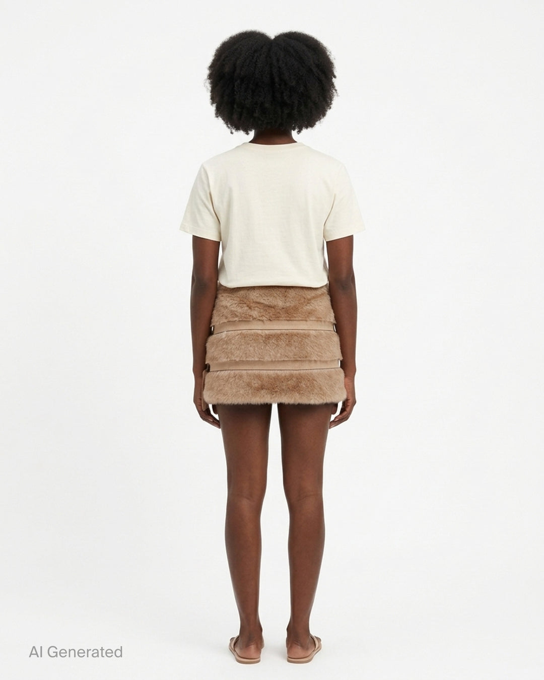 Glowny Fluffy Belt Skirt in camel faux fur with two suede-look straps and silver buckles - back