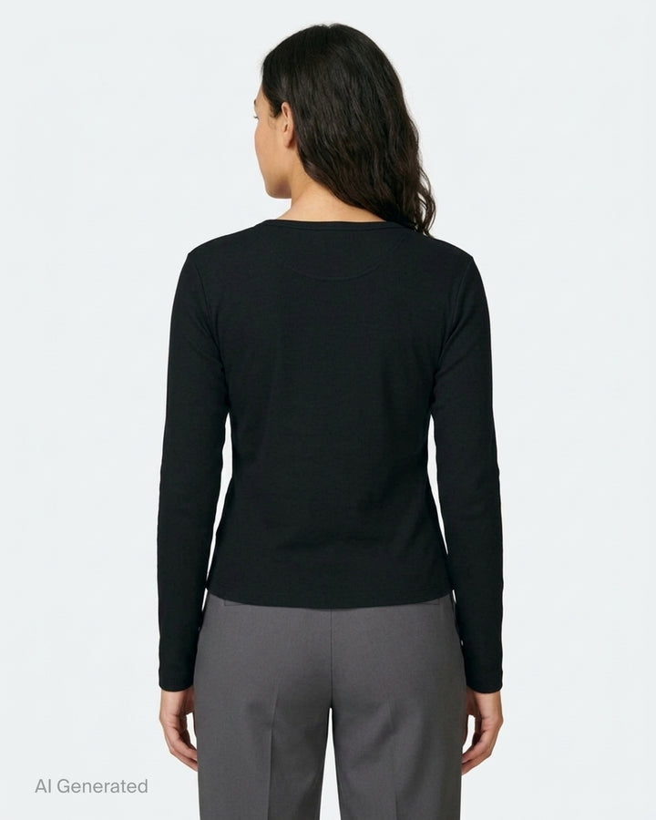 Glowny Long Sleeve Button Tee in black, featuring a short tonal button placket at the neckline, ribbed round collar, and a fitted jersey silhouette with woven brand label at the hem - back