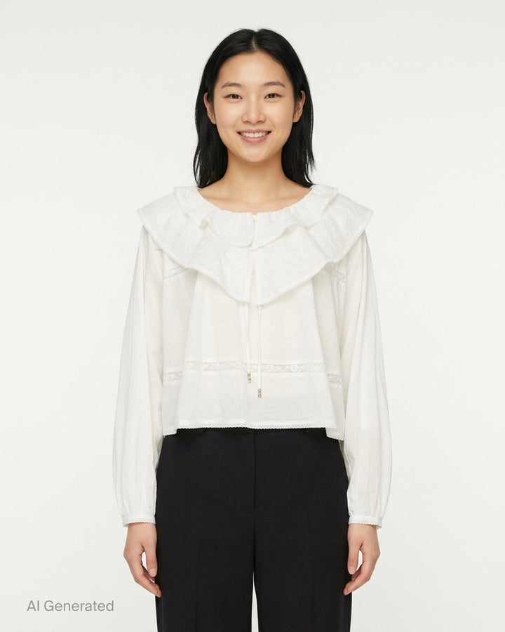 Glowny Mallow Lace Blouse in white with oversized double-tiered ruffle collar, lace trim inserts at the bodice and waist, and billowy long sleeves with elasticated cuffs - front