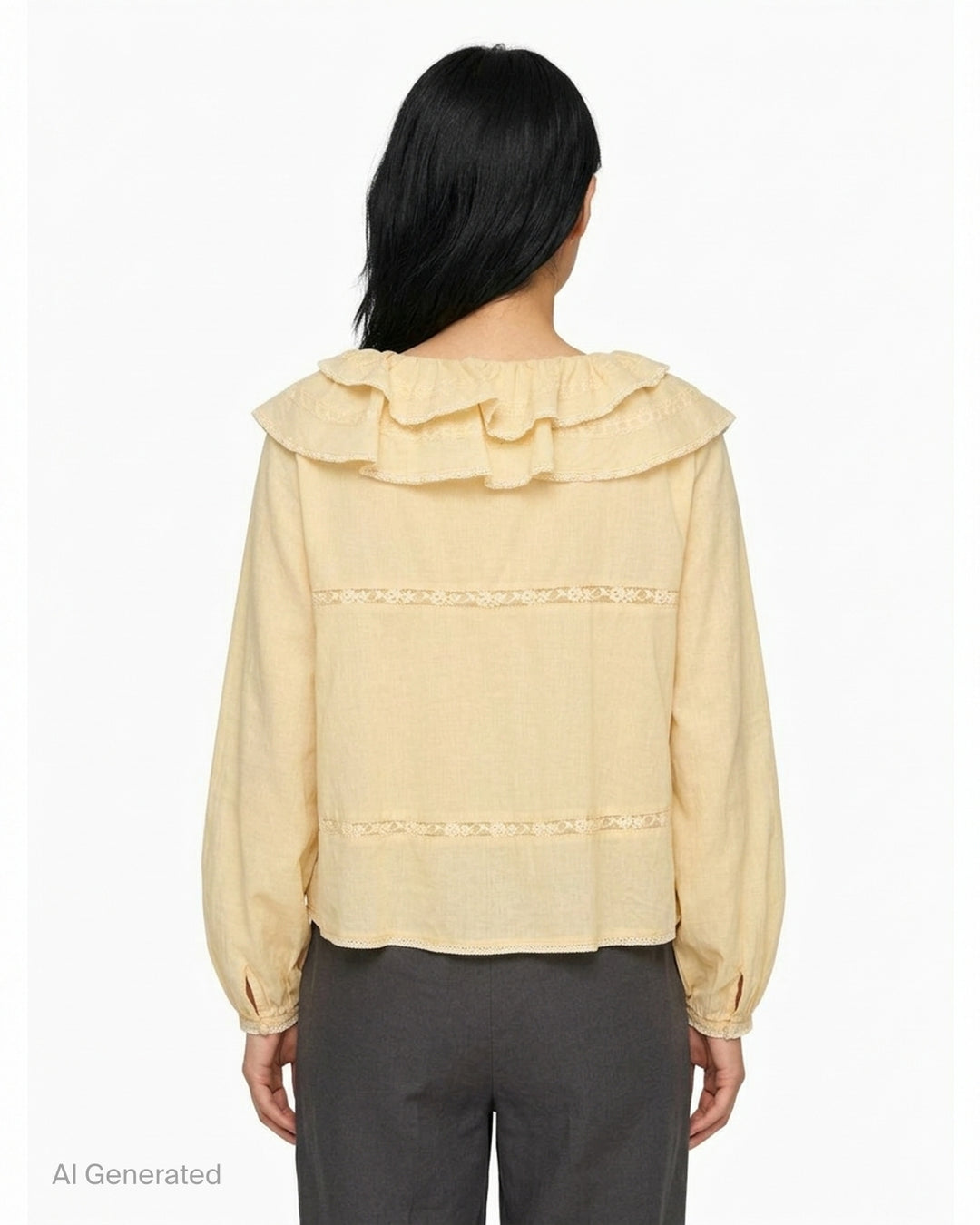Glowny Mallow Lace Blouse in white with oversized double-tiered ruffle collar, lace trim inserts at the bodice and waist, and billowy long sleeves with elasticated cuffs - back